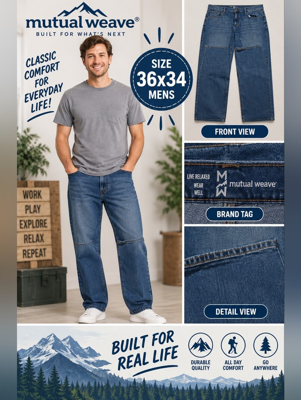 Mutual weave mens 36x34 denim relaxed jeans #05